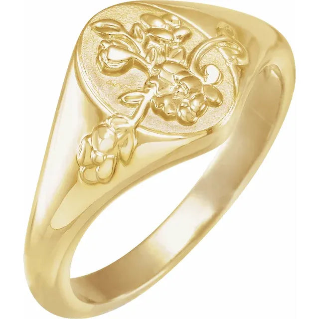 14K Yellow 10.8 mm Oval Floral Signet Ring