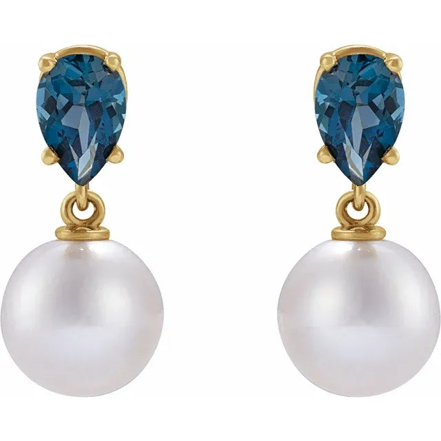 14K Yellow Cultured White Akoya Pearl & Natural London Blue Earrings