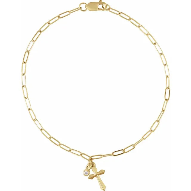14K Yellow .03 Natural Diamond Cross Charm 7" Bracelet