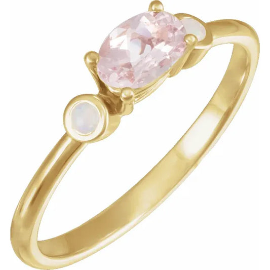 14K Yellow 6x4 mm Natural Pink Morganite & Natural White Opal Ring