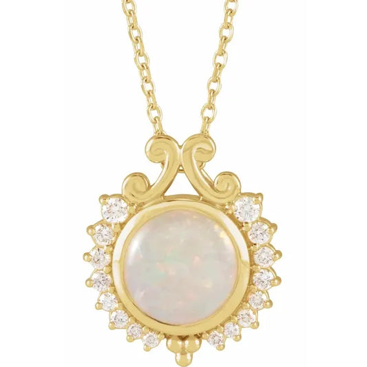 14K Yellow Natural White Opal & 1/6 CTW Natural Diamond 16-18" Necklace