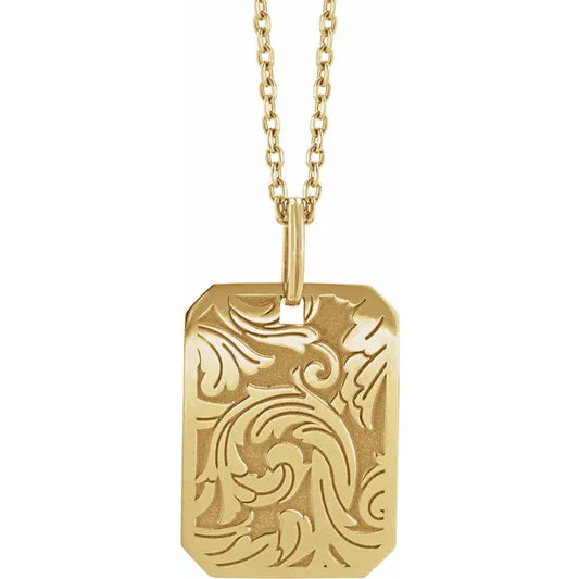 14K Yellow Floral Dog Tag 20" Necklace